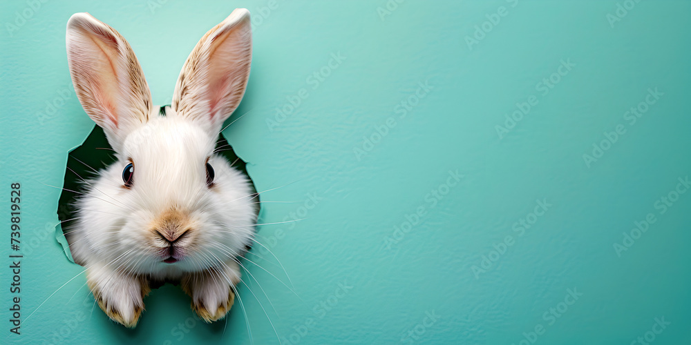 Obraz premium Bunny peeking out of a hole in blue pastel wall.