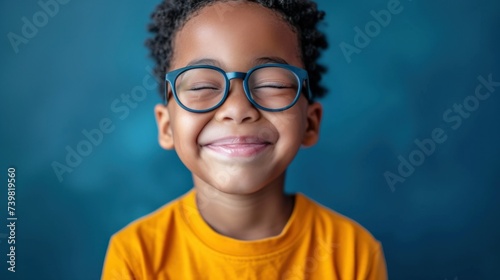 A young child with a joyful expression wearing glasses and an orange shirt set against a blue background.
