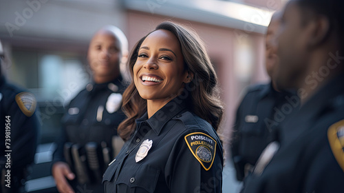 Smiling black female police officer talking to her colleagues  photo