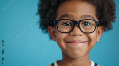 A young child with curly hair wearing glasses and smiling at the camera against a blue background.