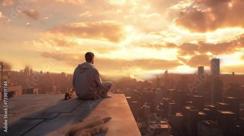 Man sitting on the building roof while staring at sunset sky lo-fi music illustration background animation photo