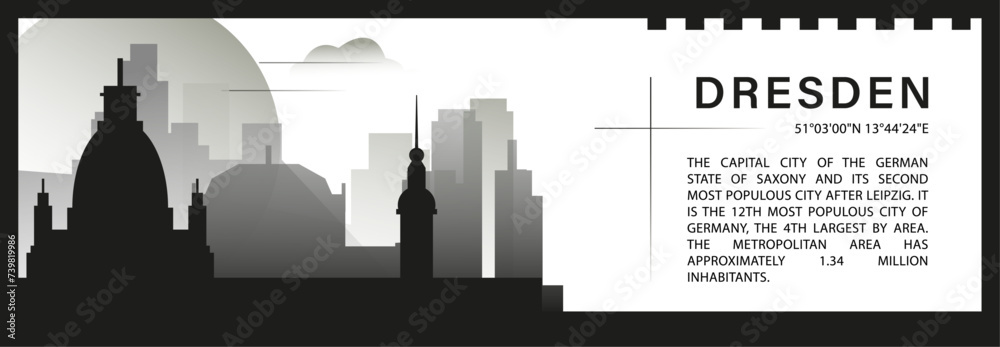 Dresden skyline vector banner, black and white minimalistic cityscape silhouette. Germany city horizontal graphic, travel infographic, monochrome layout for website