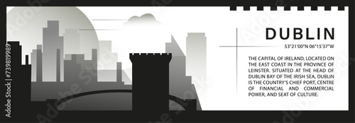 Dublin skyline vector banner, black and white minimalistic cityscape silhouette. Ireland city horizontal graphic, travel infographic, monochrome layout for website