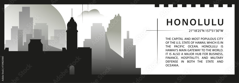 US Honolulu skyline vector banner, black and white minimalistic cityscape silhouette. USA Hawaii state horizontal graphic, travel infographic, monochrome layout for website
