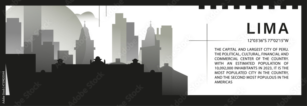 Lima skyline vector banner, black and white minimalistic cityscape silhouette. Peru capital city horizontal graphic, travel infographic, monochrome layout for website