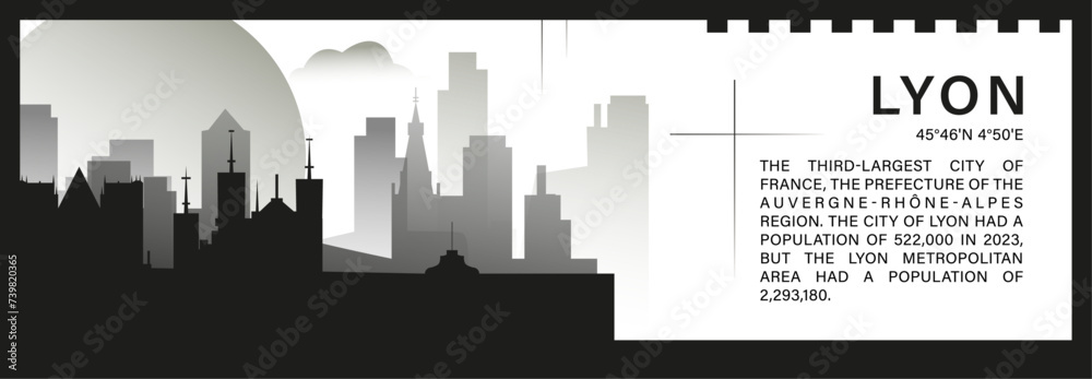 Lyon skyline vector banner, black and white minimalistic cityscape silhouette. France city horizontal graphic, travel infographic, monochrome layout for website