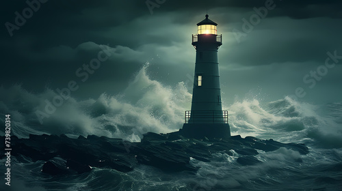 Lighthouse in stormy ocean digital concept illustration © xuan