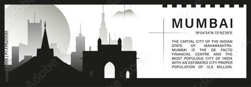 Mumbai skyline vector banner, black and white minimalistic cityscape silhouette. India Maharashtra state city horizontal graphic, travel infographic, monochrome layout for website