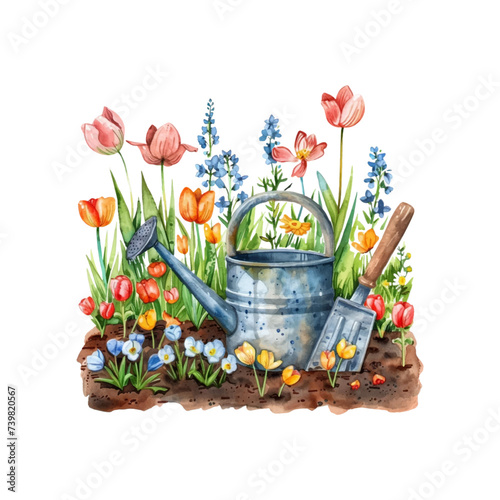 Flowerbed with garden spring flowers, watering can and gardening tools. watercolor illustration on white background
