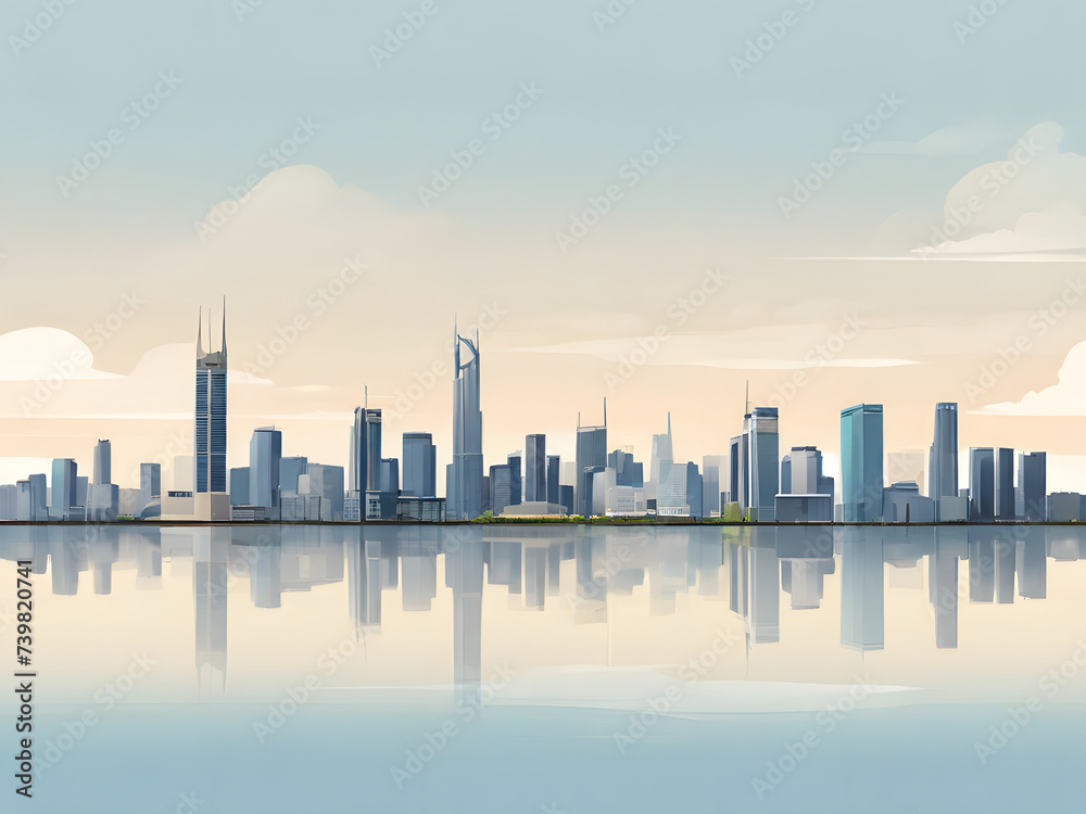 Artwork illustration of Skyline Over Urban Cityscape with River, Bridge, and Skyscrapers Amidst Clouds