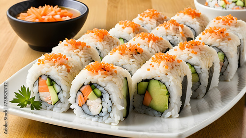 sushi on a plate, sushi rolls, salmon avocado sushi, japanese foods, cuisine, AI generated