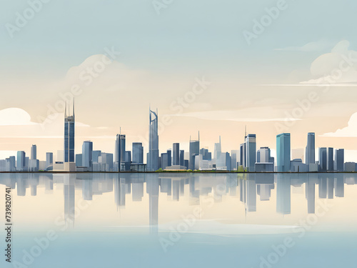 Artwork illustration of Skyline Over Urban Cityscape with River, Bridge, and Skyscrapers Amidst Clouds