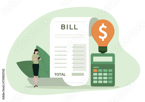 Character calculating electricity bill payment, paying less and saving money. Energy efficiency in household and electricity consumption concept. Vector illustration.