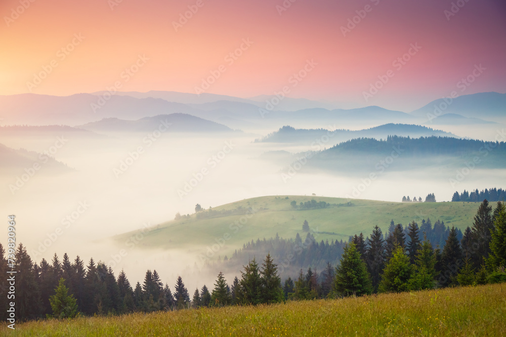 A tranquility view of the mountainous area in the haze. Carpathian National Park, Ukraine, Europe.