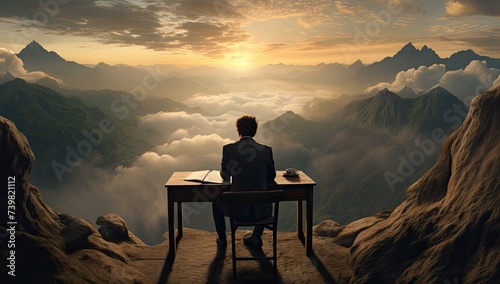  a writer or artist contemplates with a blank paper amidst the tranquil beauty of nature