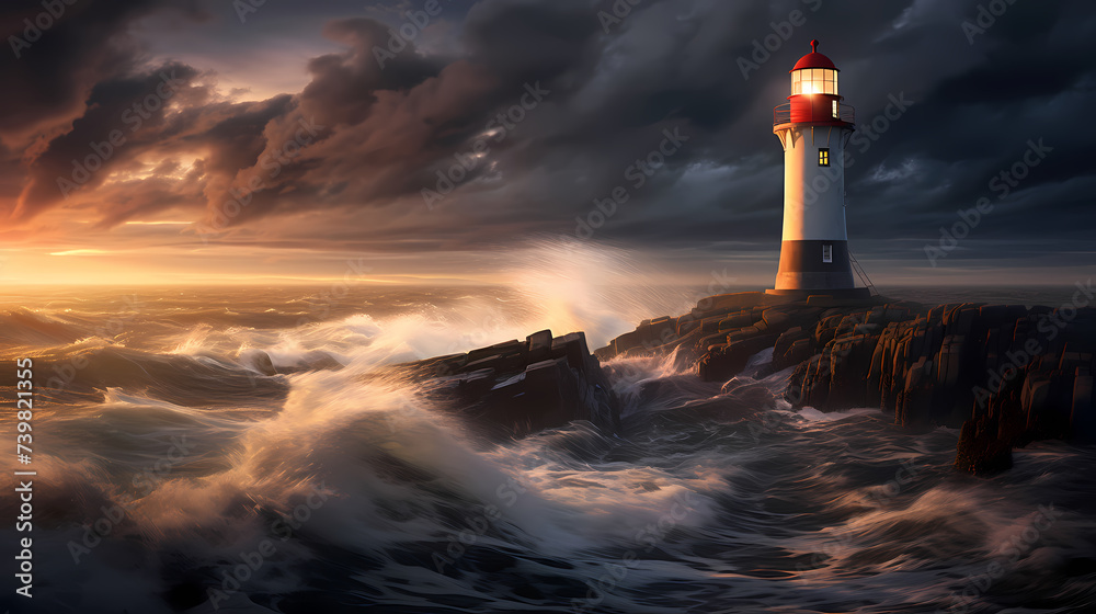 Lighthouse in stormy ocean digital concept illustration