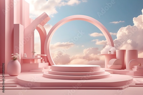 Background podium pink 3d product sky platform display cloud pastel scene render stand. Pink podium stage minimal abstract background beauty dreamy space studio pedestal smoke 