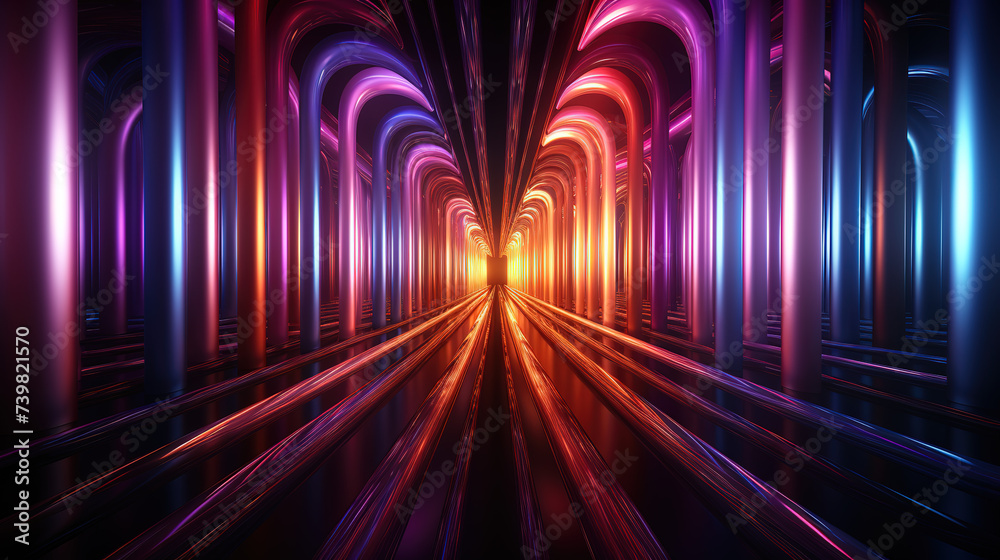 Neon backgrounds with neon lights in a tunnel, colorful lights network