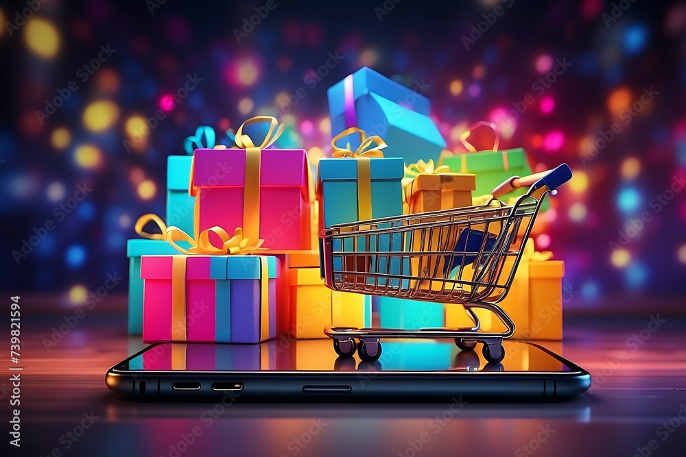 Futuristic online payment shopping with cart on a phone on a bokeh background with gifts a