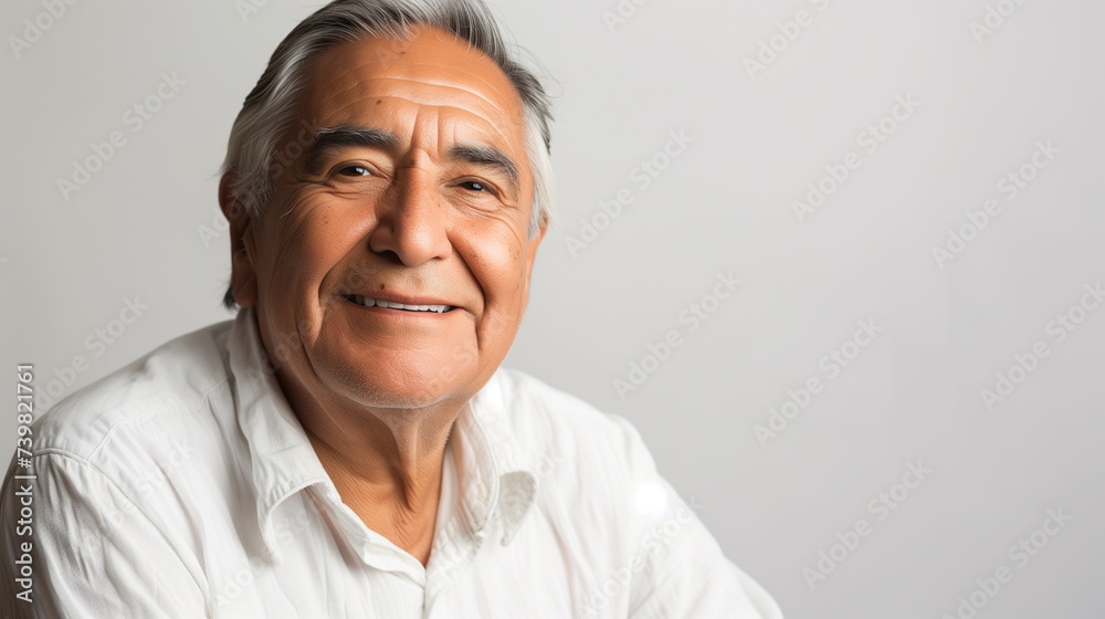 Confident senior man looking at camera while standing against white background. Self confident hispanic senior. Confident senior man looking at camera while standing against white background. Self confident hispanic senior.