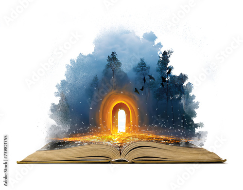 A magical fantasy design on the open book. Open book isolated on white background. Letters rising from the book open the door to an epic adventure. Reading a book as if in a dream. Photo manipulation. (ID: 739821755)