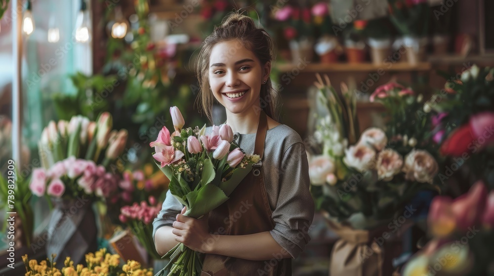 Girl in apron, saleswoman in flower shop looking at camera and smiling, small business, selling flowers