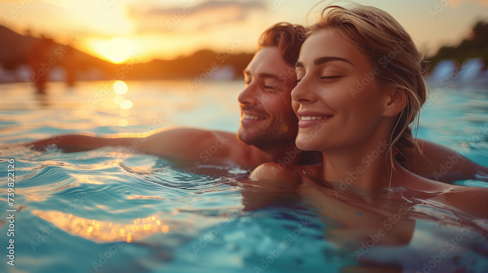 A couple enjoys a romantic embrace in a pool at sunset, with warm light reflecting on the water's surface.