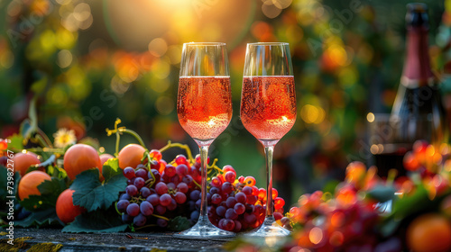 Two glasses of rosé wine toast amidst a vibrant spread of fresh grapes and fruits in a sun-dappled setting.