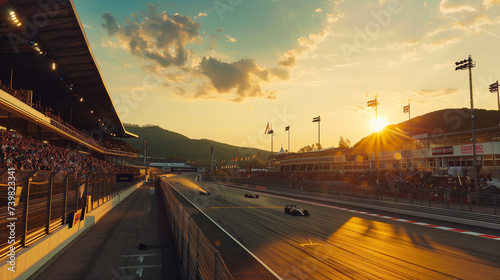 Panoramic View of a Grand Prix Race Track During Golden Hour, Dynamic Motorsport Event with Spectators and Racing Cars Speeding on the Circuit