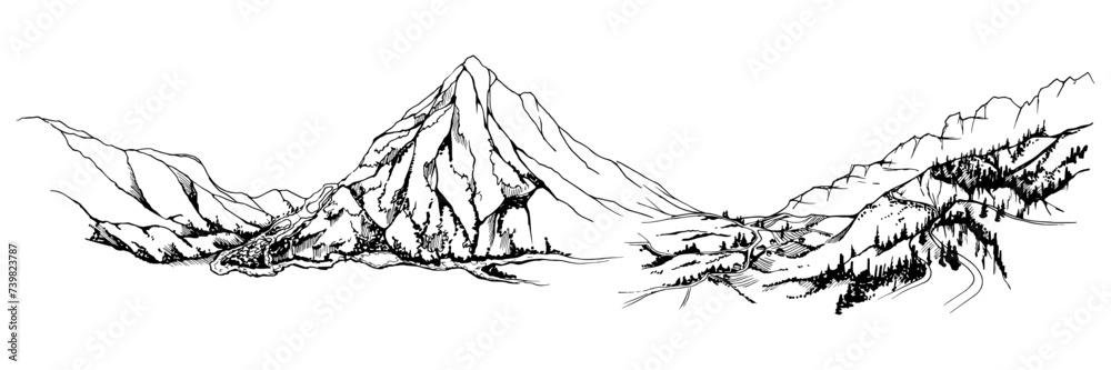 Hand drawn ink vector illustration, mountain landscape scenery Central South America, hills plane farmland river outdoors backdrop. Isolated white background. Design travel, vacation, brochure, print