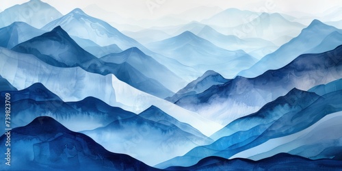 Watercolor mountain range, misty blues and grays, distant and majestic