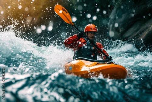 Kayaker Maneuvering in Turbulent River Rapids. Generative ai