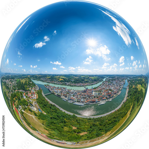 Panoramablick auf die Universitätsstadt Passau in Niederbayern, Little Planet-Ansicht, freigestellt photo
