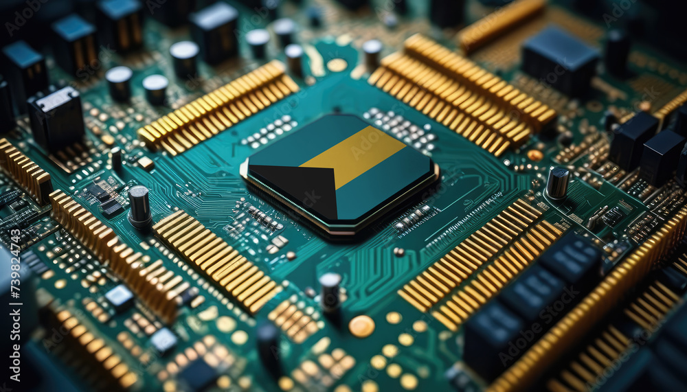 Bahamas flag on a processor, CPU or microchip on a motherboard. Concept for the battle of global microchips production. Bahamas flag on a processor, CPU or microchip on a motherboard. Concept for the battle of global microchips production.