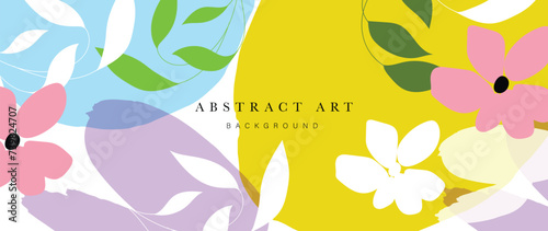spring floral art background vector illustration. Watercolor hand painted botanical flower, leaves, insect, butterflies. Design for wallpaper, poster, banner, card, print, web and packaging.