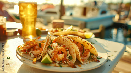 Tacos with shrimps, lime and beer on the beach photo