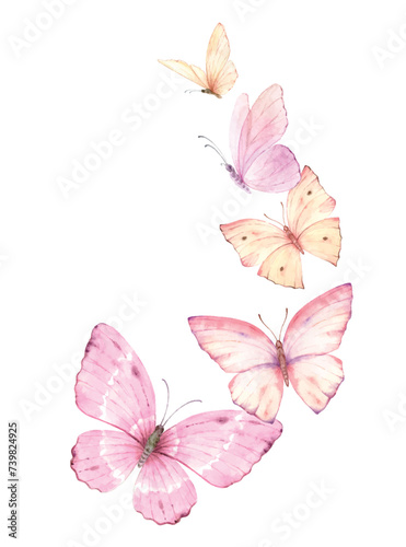 Pink flying watercolor vector butterflies. Excellent for wedding design, stationery, invitation. Hand painted illustration.