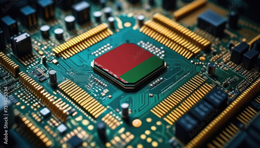 Belarus flag on a processor, CPU or microchip on a motherboard. Concept for the battle of global microchips production. Belarus flag on a processor, CPU or microchip on a motherboard. Concept for the battle of global microchips production.