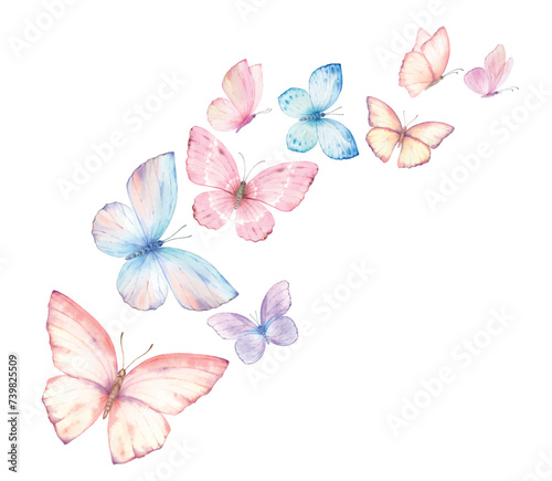 Pink blue flying watercolor vector butterflies. Excellent for wedding design, stationery, invitations, birthday celebration. Hand painted illustration.