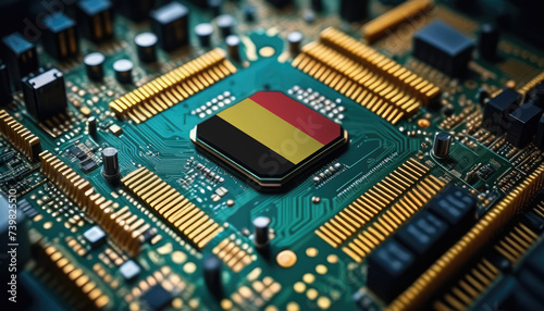 Belgium flag on a processor, CPU or microchip on a motherboard. Concept for the battle of global microchips production.