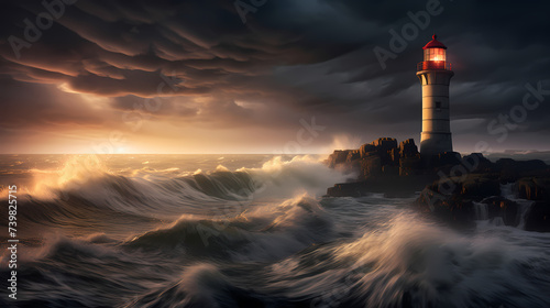 A lighthouse in the middle of a large body of water with waves in front