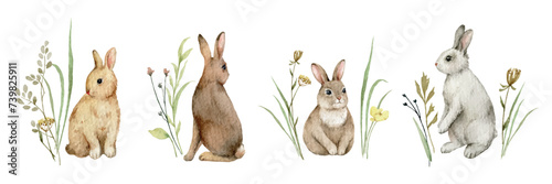 Watercolor vector set of cute bunnies and twigs. Design for Easter cards, baptisms, invitations, postcards. Hand painted illustration.