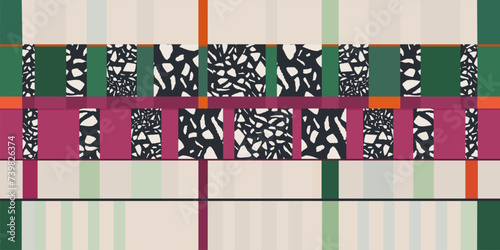 Abstract decorative terrazzo checkered collage pattern. Bright contemporary print. Fashionable template for design. 