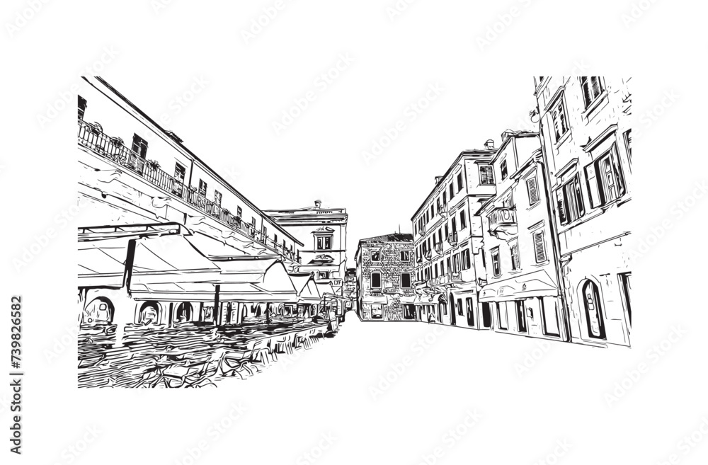 Print Building view with landmark of Kotor city. Hand drawn sketch illustration in vector.