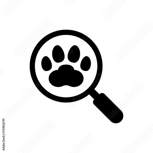 Pet search logo and icon. Paw print and magnifying glass. Search for missing pets.