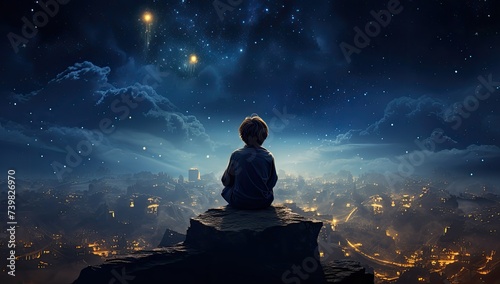Under the canopy of stars, a child's hopeful gaze reflects the dreams and aspirations that illuminate the night. photo