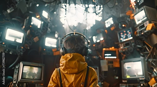 Cyberpunk kid looking around and wearing a futuristic virtual reality head gear helmet and a jellow jacket in a dark sci-fi environment animation