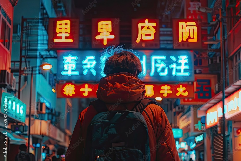 Close-up of a young man on the street against the background of Chinese street signs. Close-up of a young man on the street against the background of Chinese street signs.