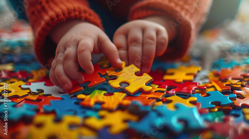 A little kid playeing with colorful jigsaw pieces. International autism awareness day.