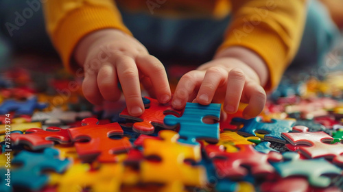 A little kid playing with colorful jigsaw pieces. International autism awareness day.